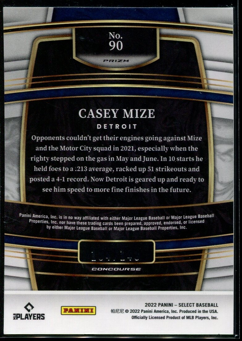 2022 Panini Select Prizm Casey Mize /149 Light Blue #90 Detroit