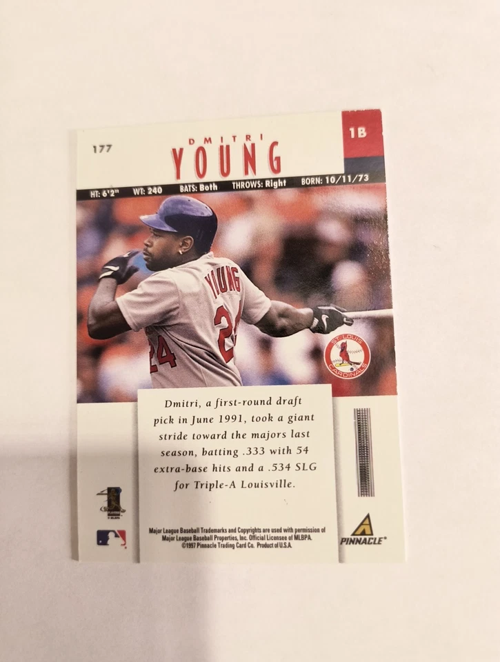 DMITRI YOUNG 1997 PINNACLE (RC) #177 FREE SHIPPING - Image 2 of 2