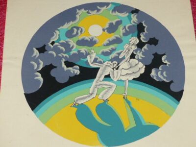 ART-DECO FRANCAIS 1925 GOUACHE AU POCHOIR PIERROT & COLOMBINE Lune Superbe Rare