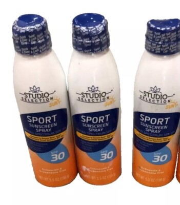 3 Cans SPF 30 Studio Selection Sun Sport Sunscreen Spray 5.5 Oz Ea 09/25 Exp