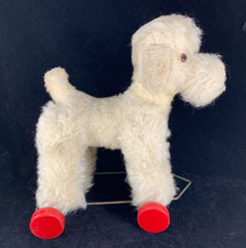 Steiff White Dog on Red Wooden Wheels - Poodle - 10" Tall - Vintage Mohair