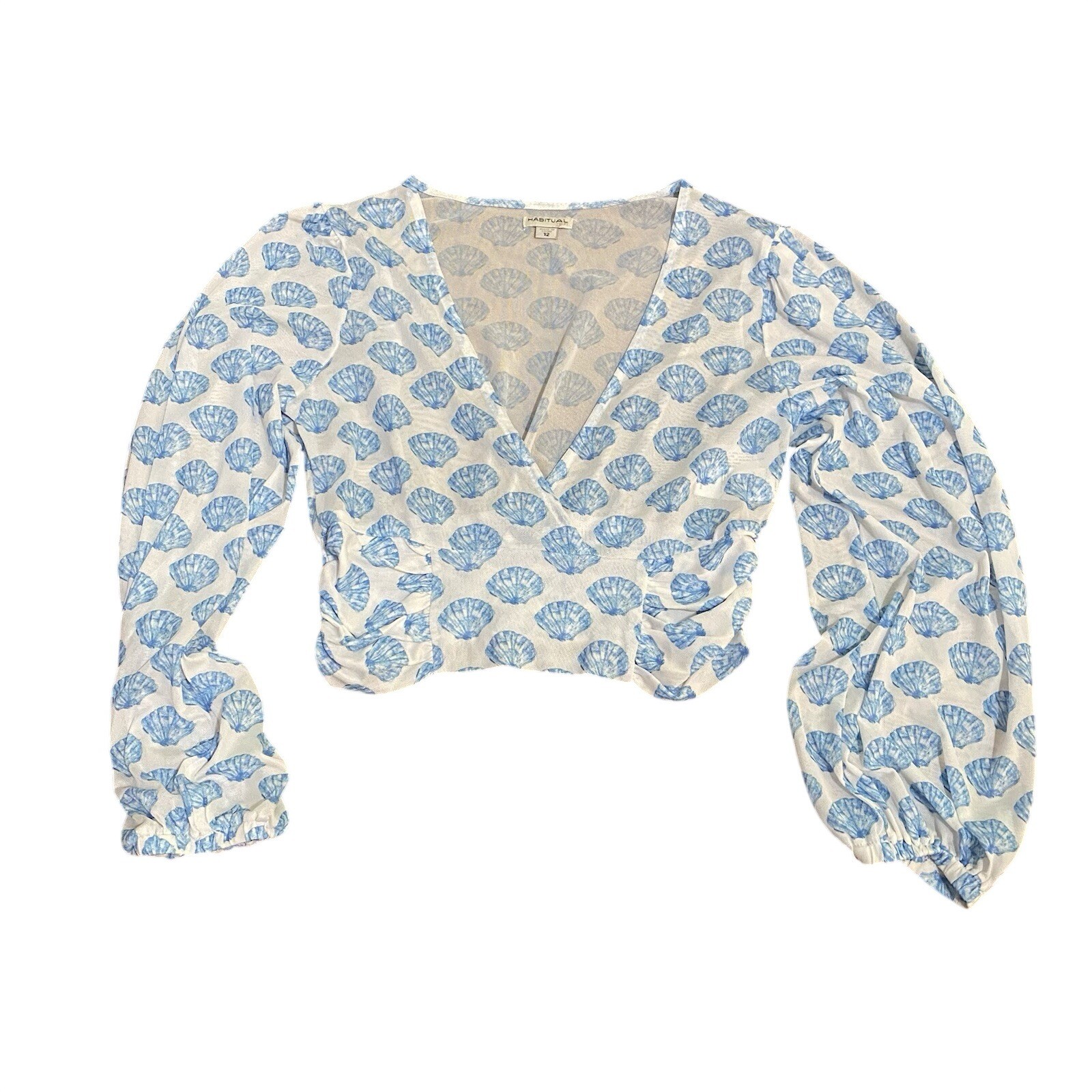 Habitual Girl Size 12 Mesh Sheer Crop Top Long Sleeve Seashell Crossover V Neck