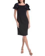Teri Jon By Rickie Freeman Crepe Boatneck Satin Ruffle Shoulder Dress Women's
