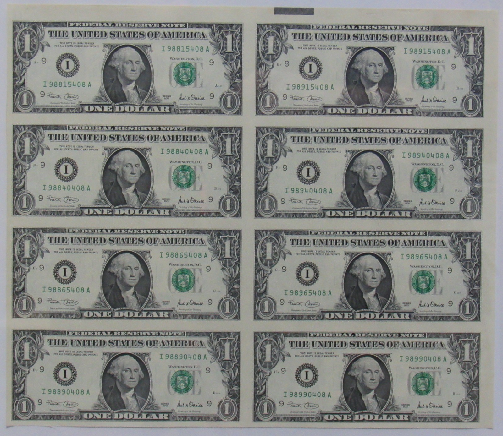 ST-077: $1 Washington 8-note Currency Sheetlet 2001 I/A | eBay