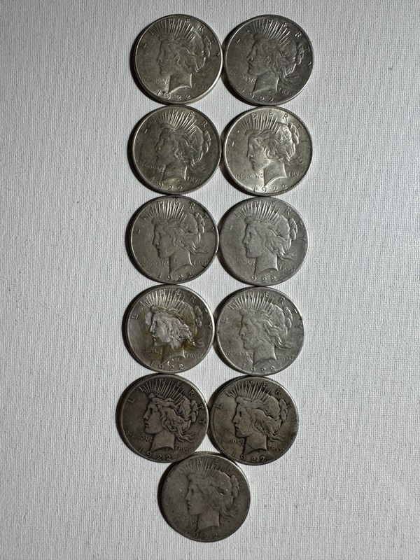 Lot of 11 1922 Peace Silver Dollars 90% Silver $1 US Coins No Mint Mark