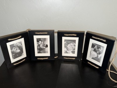 4 Photo Frame Collage Set Black Wood w/ Rope Tabletop or Wall Hanging Display 