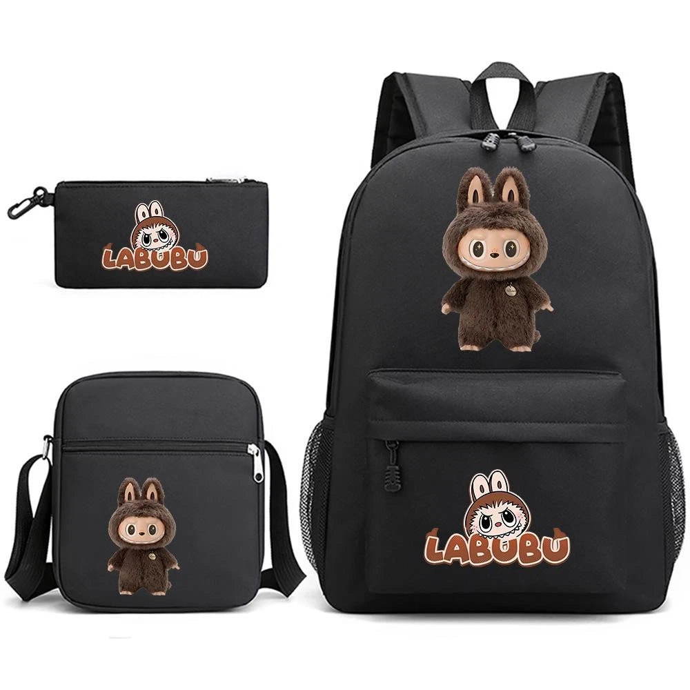 LABUBU 3-Piece Backpack Set - Backpack, Shoulder Bag, Pencil Case, Black