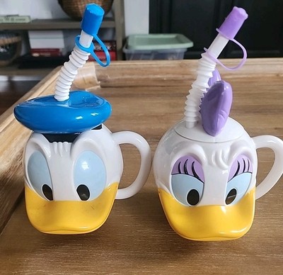Walt Disney Store Donald& Daisy Duck 3D Head Character Cup with Handle Lid Straw