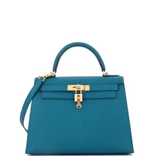 Hermes Kelly Handbag Blue Epsom with Gold Hardware 28