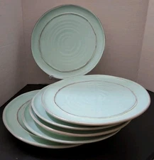 Crate & Barrel Como Dinner Plate Rustic Aqua  &  Cream Raised Ring Earthenware 