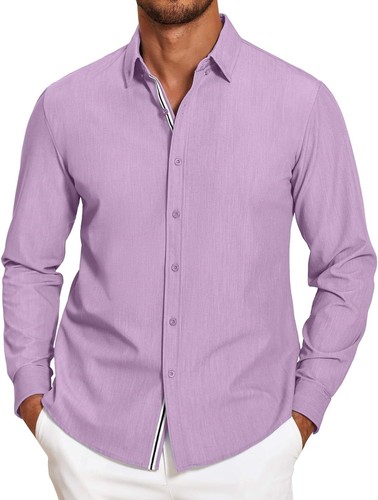 Mens Casual Button Down Shirt Untucked Long Sleeve Stretch Denim Dress Shirt - Picture 9 of 83