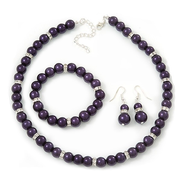 Deep Purple Glass Bead Necklace, Flex Bracelet & Drop Earrings Set With