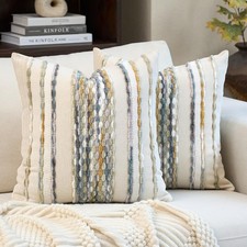 Boho Pillow Covers 18x18 Inch Set of 2, Farmhouse Decorative Striped Square