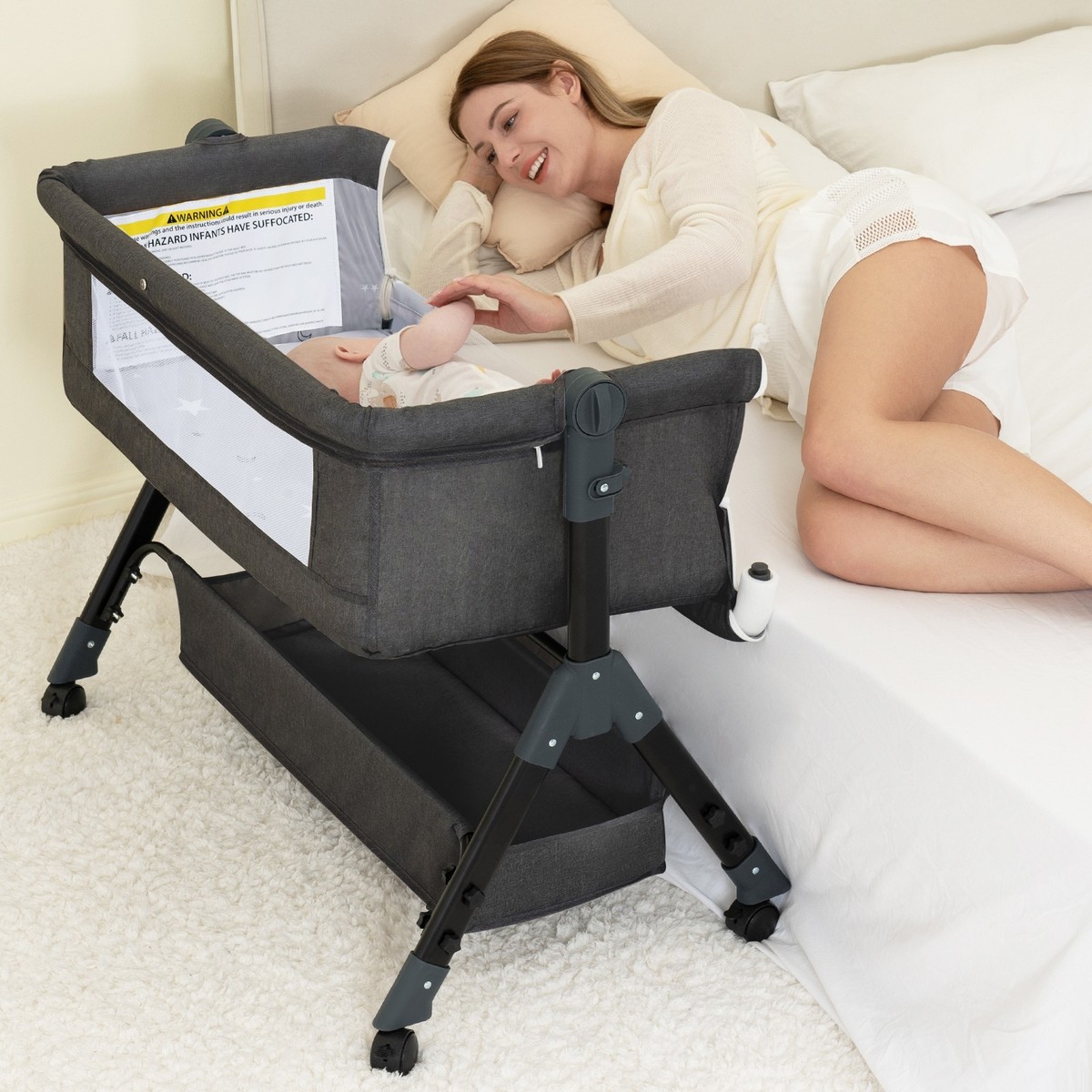 Komcot Baby Bassinet, Bedside Bassinet for Baby, 6 Height Adjustable Baby Bed, 3 in