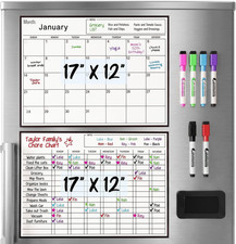 2 Pack Magnetic Dry Erase Calendar for Fridge and Chore Chart, 17 X 12