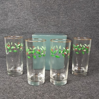 4 LENOX Christmas Holiday Holly Berry Highball Drinking Water Glassware Gold Tri