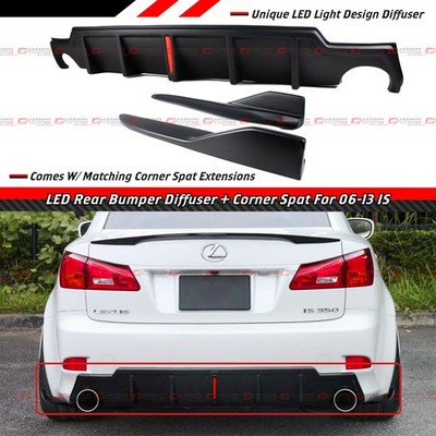For 2006-13 Lexus IS250 IS350 Matt Black LED Rear Bumper Diffuser + Corner Spats