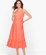 Talbots V-Neck Poplin Cotton Midi Wrap Dress 4P Peach Orange Sorbet 
