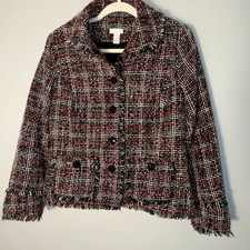 Chico s Tweed Blazer Jacket Red Black White Fringe Trim Classic Fit Button Front