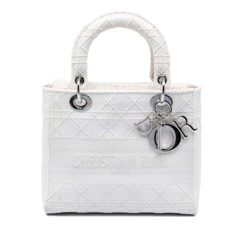Dior Medium Canvas Cannage Lady D Lite Pre-Loved Satchel White