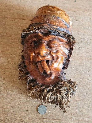Tribal Face Mask Beard Gnarley Eyes Teeth Carved Wood Vintage Wall Decor Art