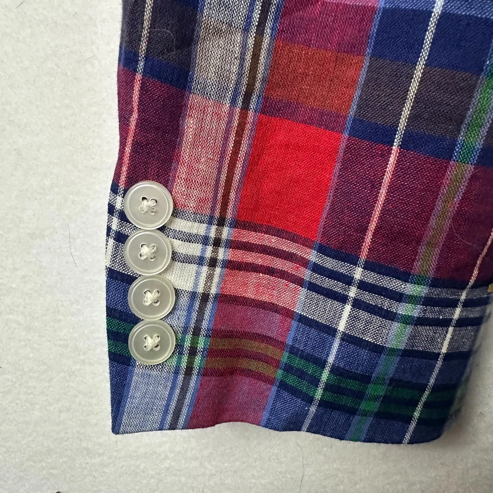 IZOD Blazer 男式 46R 蓝色红色格子亚麻棉运动外套经典学院风 — 第 2/4 张图片