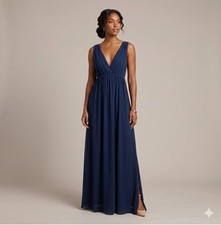 Alice & Olivia Navy 100% Silk Deep V Neck Maxi Dress Large