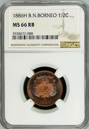 ½ Cent 1886H 洋元半分 Birmingham North Borneo British Malaysia MS66RB NGC Very Rare!