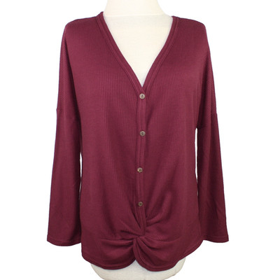 Iwollence Top Burgundy Waffle Knit Women Size M Oversized Long-Sleeve Blouse
