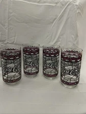 Coca Cola Stained Glass Tulip Flared Libbey 14oz Drinking Glass Vintage Set Of 4