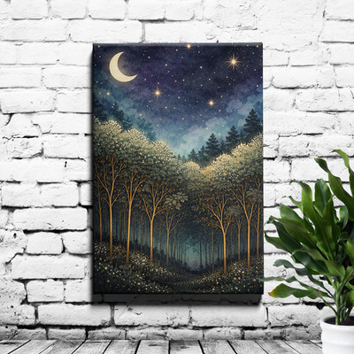 Starry night forest Canvas Print crescent moon with golden starbursts