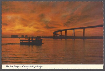 SAN DIEGO CORONADO BAY BRIDGE Postcard Spectacular Sunset Scalloped Edge