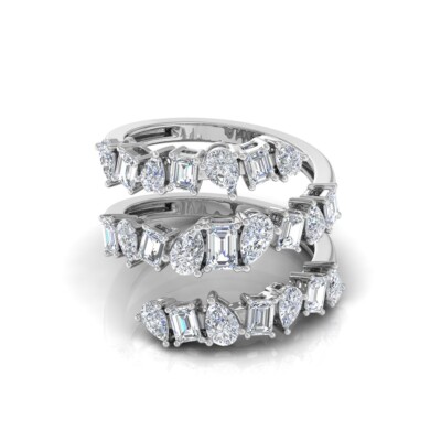 3.10 Ct Natural H/SI Pear Octagon Shape Diamond Spiral Cuff Ring 14k White Gold
