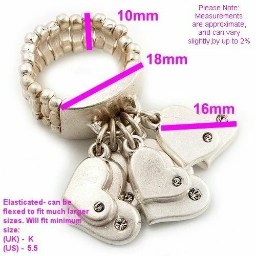 Matte Silver Tone Finger Cuff Heart Charms Wide Flex Ring w/ Swarovski Crystals - Image 3 of 4