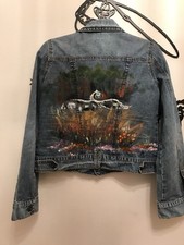 HAND PAINTED Stretch Denim Fitted Jacket Western Indian Horse Size L