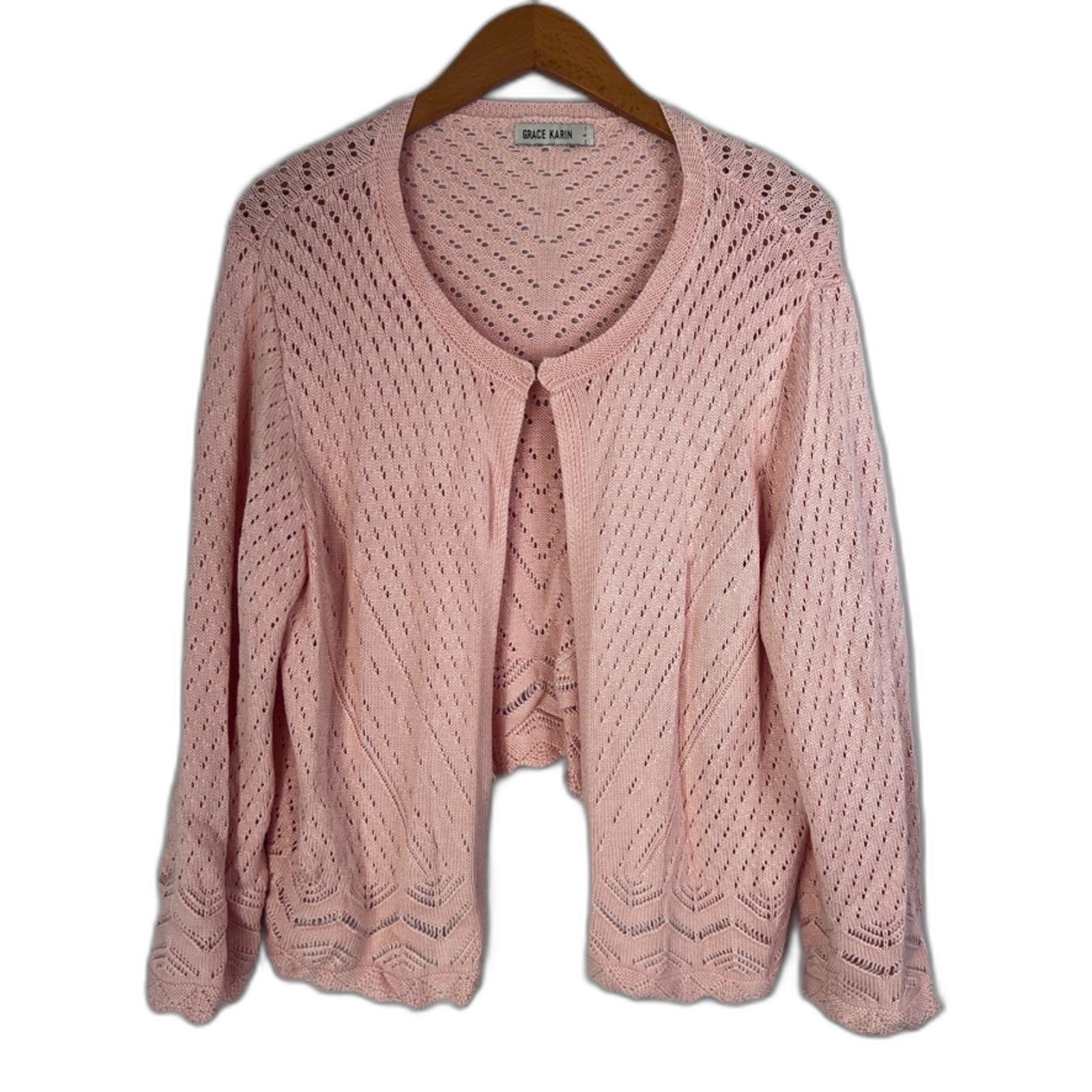 Grace Karin Light Pink Crochet Knit Cropped Cardigan Sweater in Large