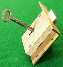 Large solid brass antique bureau desk lock angled sloped fall top plate key rare