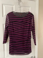 DANA BUCHMAN women L 3/4 Sleeve Pretty Purple Black Stripe Stretch flowing Top