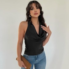 Womens Halter V Neck Slim Fit Vest Tank Tops Summer Sexy Backless Tee Shirt Cami