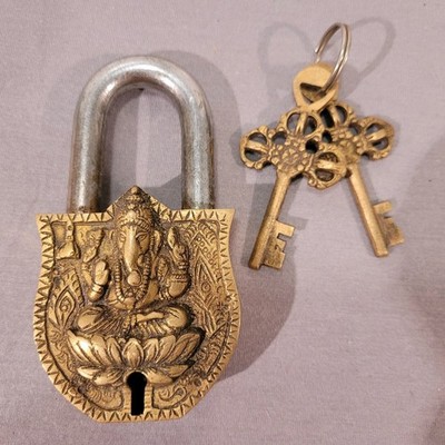 Lord Ganesh Padlock w Om Symbol  New Lock Works w 2 Keys  Handmade 5 1/2''x2 1/4''