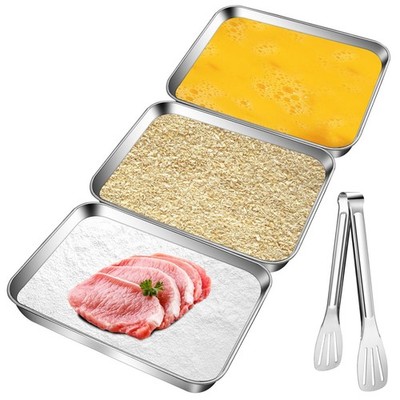 Set of 3 Breading Pans Stainless Steel Breading Tray Set with Tong Versatile ...