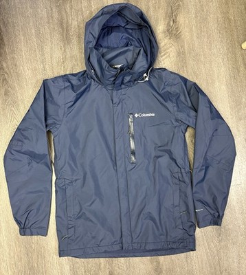Columbia Men's Small Blue Rain Jacket Wind Omni-Tech Hooded Hi Neck Lined XM0776