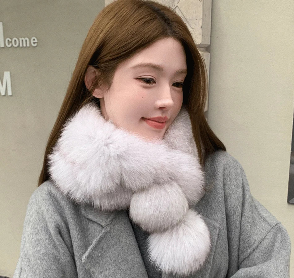 Winter Women Real Fox Fur Collar Scarves Wraps Furry Neck Warmer Muffler Shawls