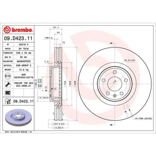 Bremsscheibe, belüftet/hochkarbonisiert BREMBO 09.D423.11, Vorne, - Bild 1 von 2