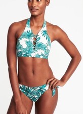 Old Navy Women's High Neck Lace-Up Halter Bikini Top Size M- Palm Leaf- NWT
