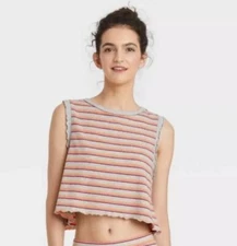 Colsie Women’s L Large Pajama Tank Top Cropped Gray Stripe New