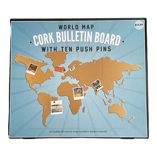 World Map Cork Bulletin Board Notes Reminders Photos with Push Pins New - Picture 3 of 4