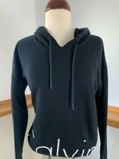 CALVIN KLEIN JEANS Graphic Cropped Black Hooded Sweatshirt Hoodie Women's Size M