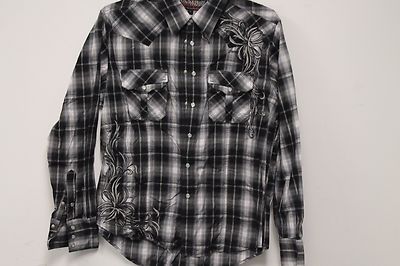 ROCK & ROLL COWBOY SHIRT WESTERN  Black Plaid Pearl Snap Rodeo Dance Work Men's