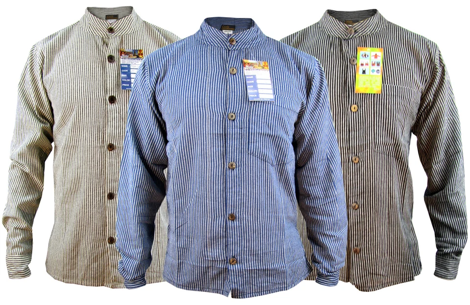 Homme Grand-Père Rayé sans Col Coton Long Manche Bouton Complet Népalais T-Shirt - Photo 1/1
